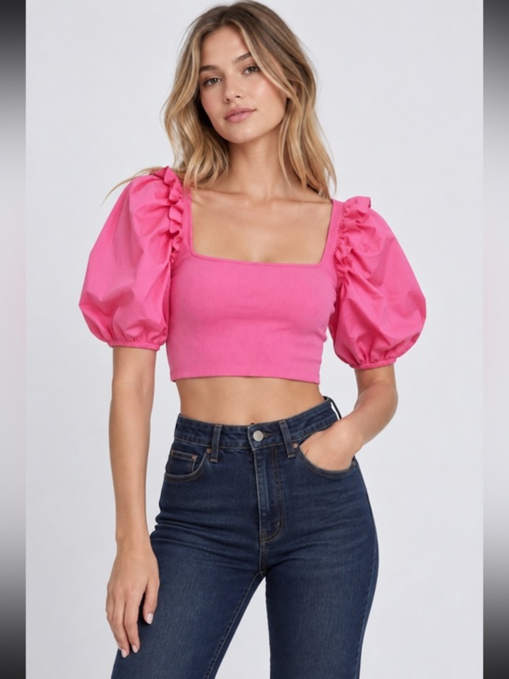 Zara Hot Pink Ribbed Puff Sleeve Square Neck Crop Top Size Small